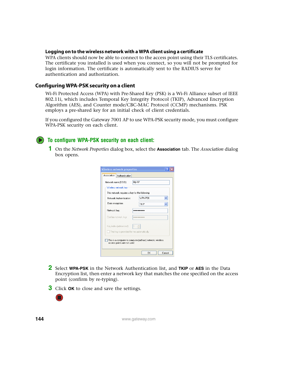 Configuring wpa-psk security on a client | Gateway 7001 Series User Manual | Page 149 / 218