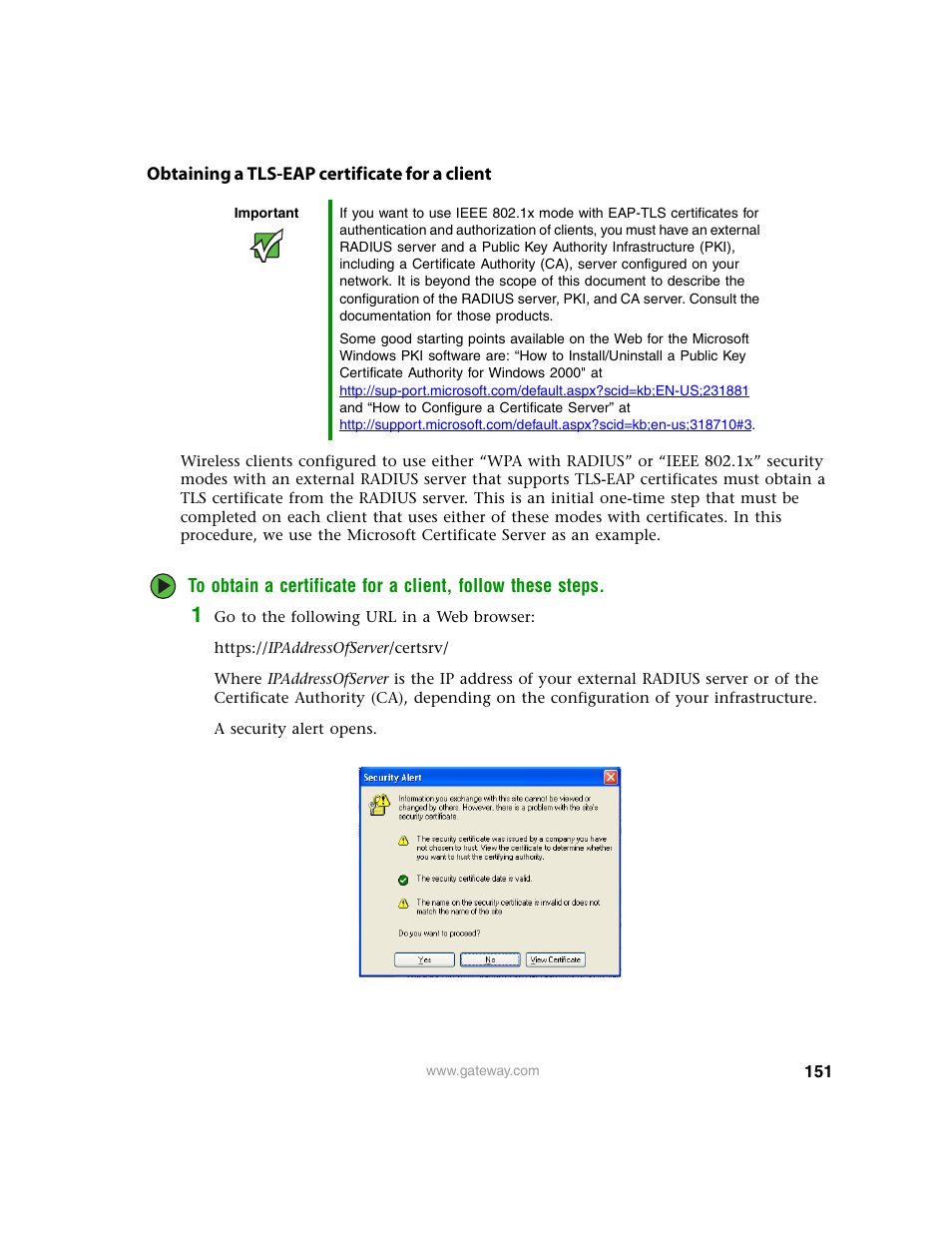 Obtaining a tls-eap certificate for a client, Obtaining a tls-eap certificate for | Gateway 7001 Series User Manual | Page 156 / 218