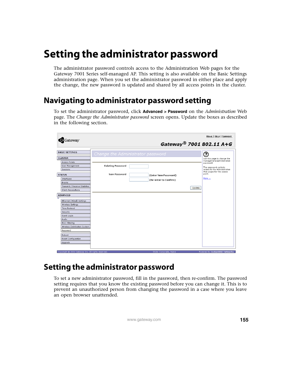 Setting the administrator password, Navigating to administrator password setting | Gateway 7001 Series User Manual | Page 160 / 218