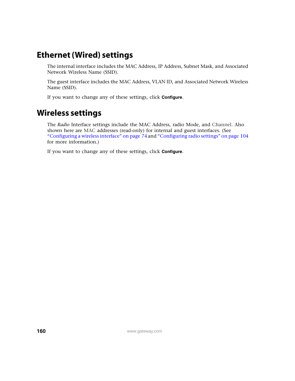 Ethernet (wired) settings, Wireless settings, Ethernet (wired) settings wireless settings | Gateway 7001 Series User Manual | Page 165 / 218