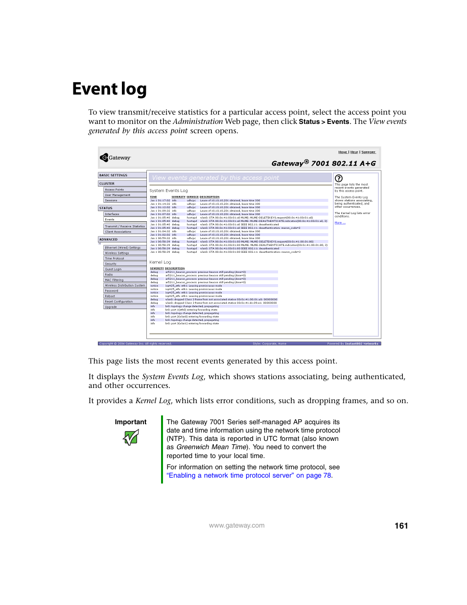 Event log | Gateway 7001 Series User Manual | Page 166 / 218