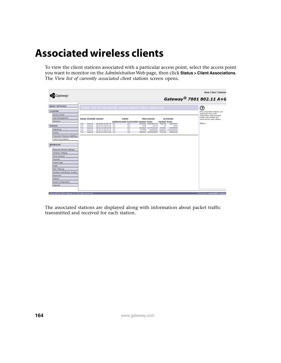 Associated wireless clients | Gateway 7001 Series User Manual | Page 169 / 218