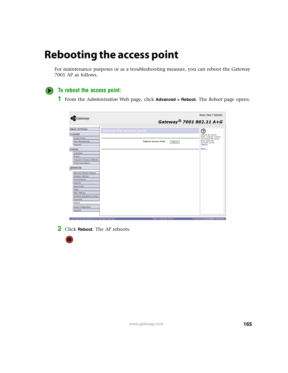 Rebooting the access point | Gateway 7001 Series User Manual | Page 170 / 218