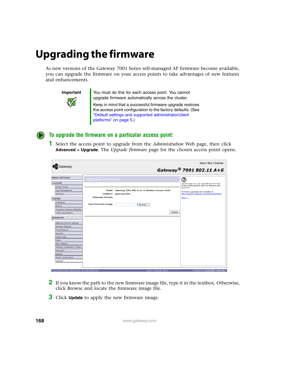 Upgrading the firmware | Gateway 7001 Series User Manual | Page 173 / 218