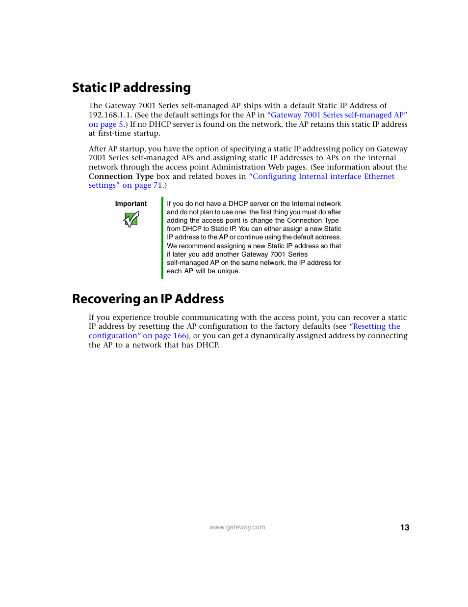 Static ip addressing, Recovering an ip address, Static ip addressing recovering an ip address | Gateway 7001 Series User Manual | Page 18 / 218