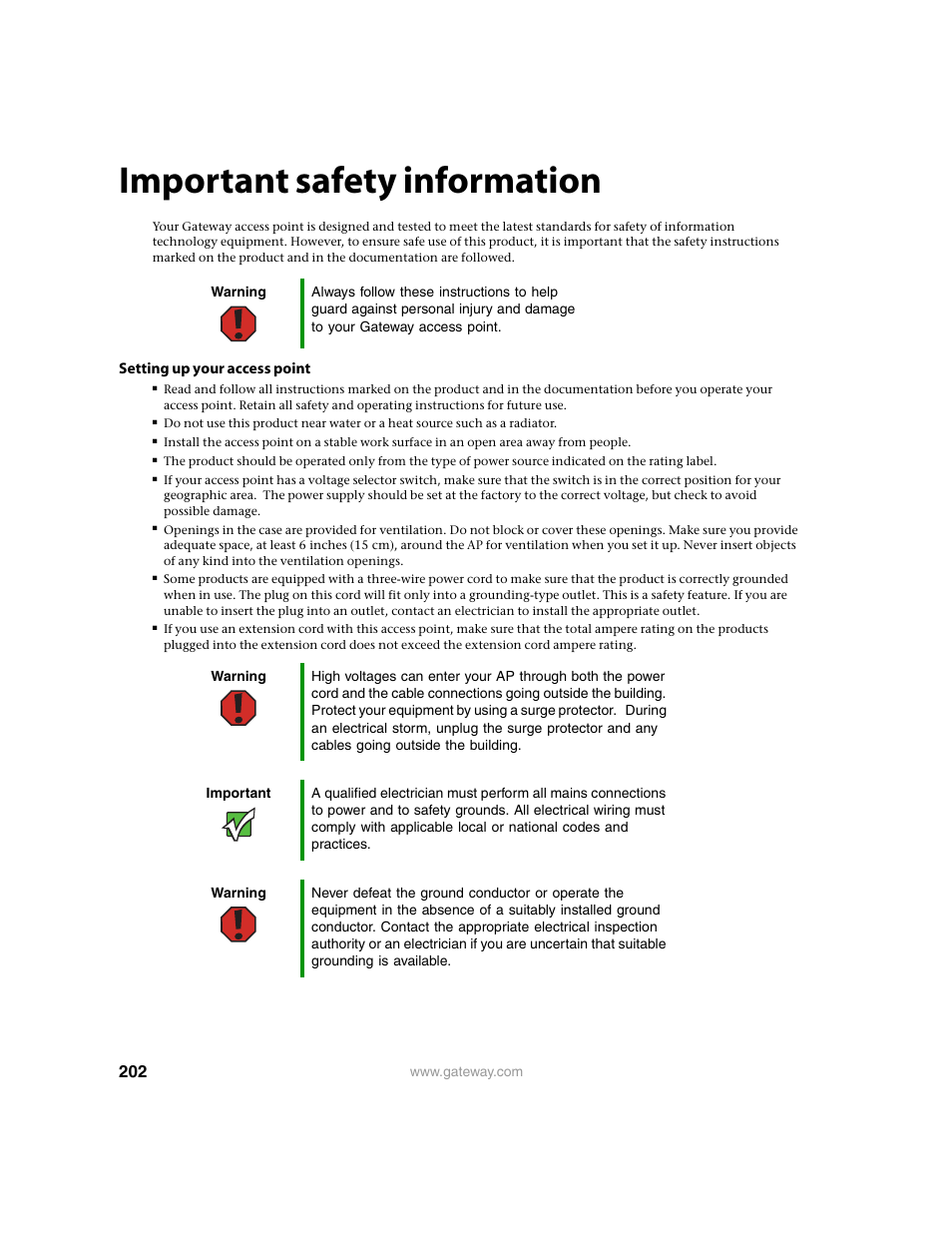 Important safety information | Gateway 7001 Series User Manual | Page 207 / 218