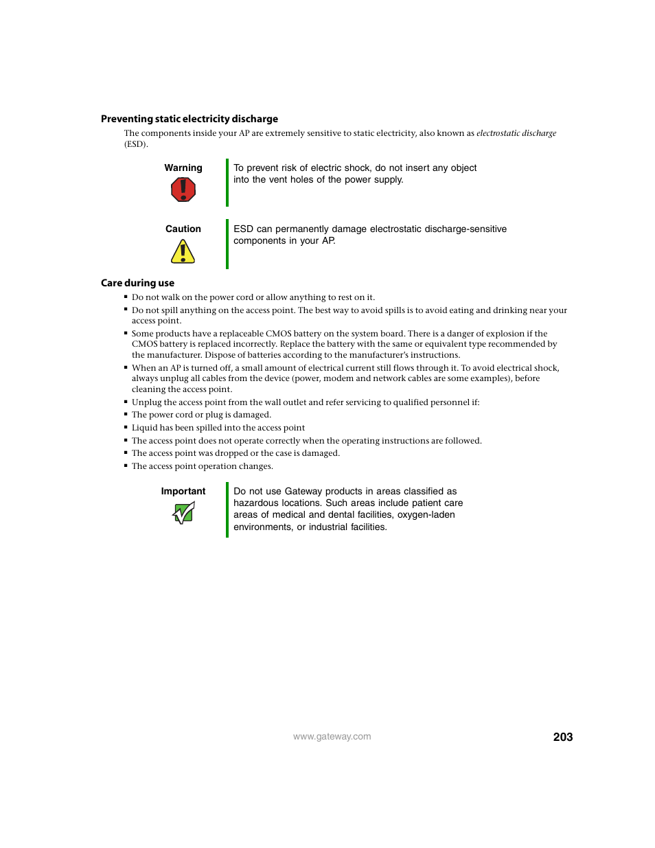 Preventing static electricity discharge, Care during use | Gateway 7001 Series User Manual | Page 208 / 218