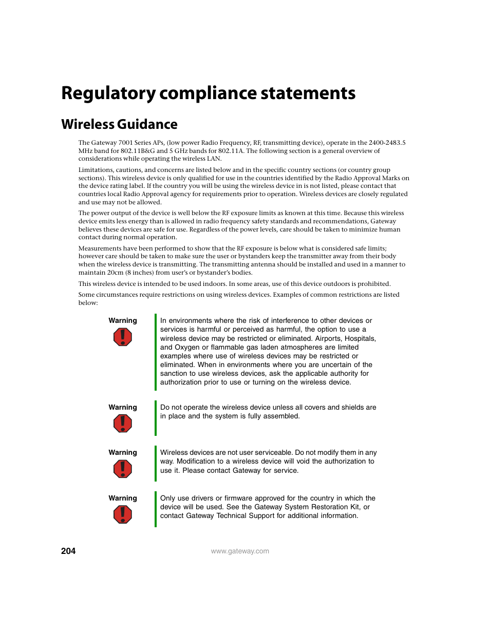 Regulatory compliance statements, Wireless guidance | Gateway 7001 Series User Manual | Page 209 / 218