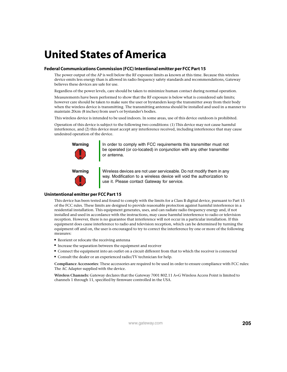 United states of america | Gateway 7001 Series User Manual | Page 210 / 218