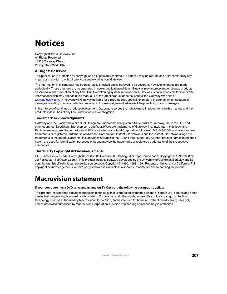 Notices, Macrovision statement | Gateway 7001 Series User Manual | Page 212 / 218