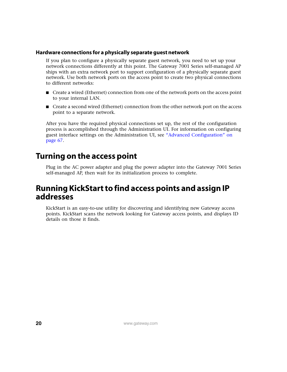 Turning on the access point, Running kickstart to find access points, And assign ip addresses | Gateway 7001 Series User Manual | Page 25 / 218