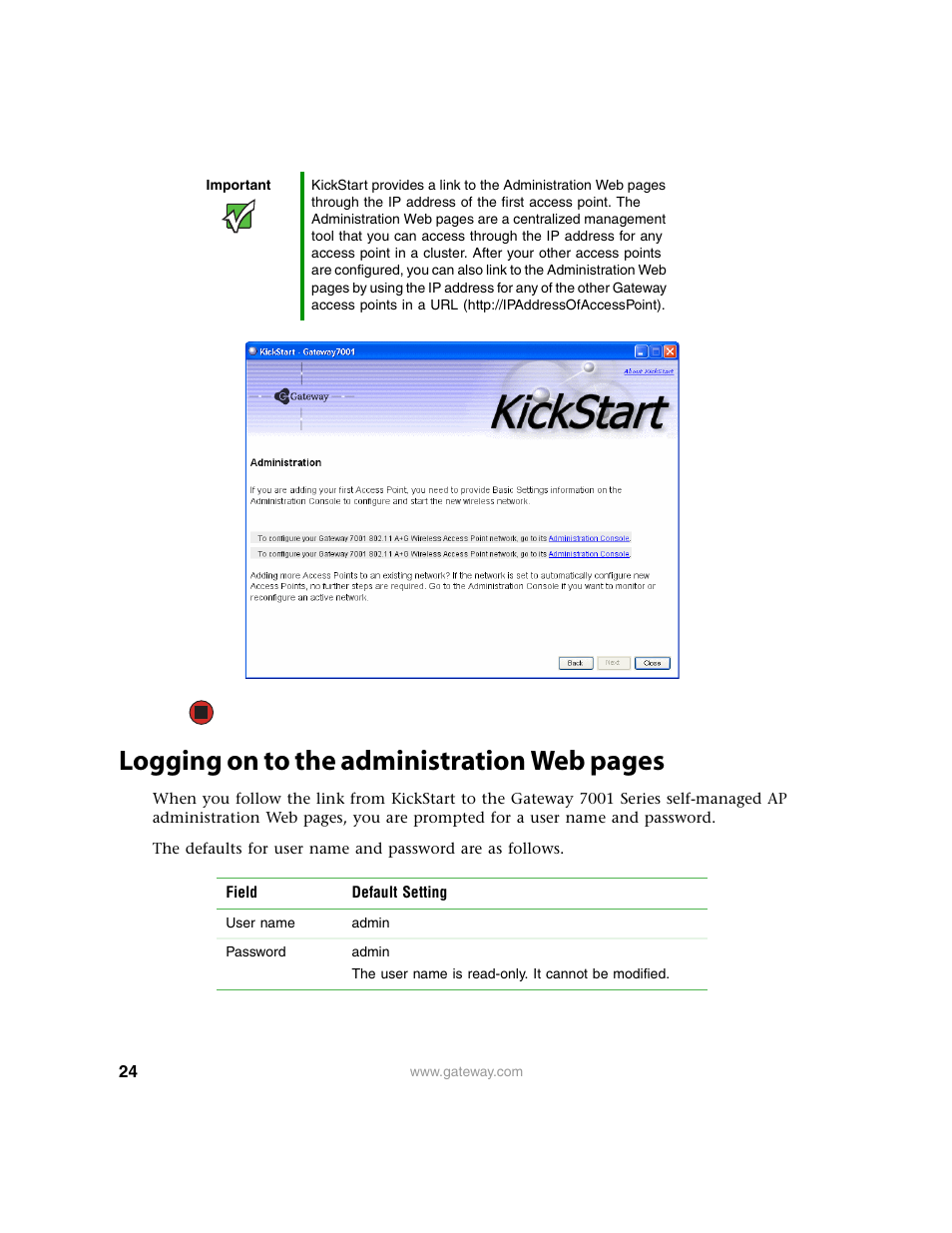 Logging on to the administration web pages | Gateway 7001 Series User Manual | Page 29 / 218