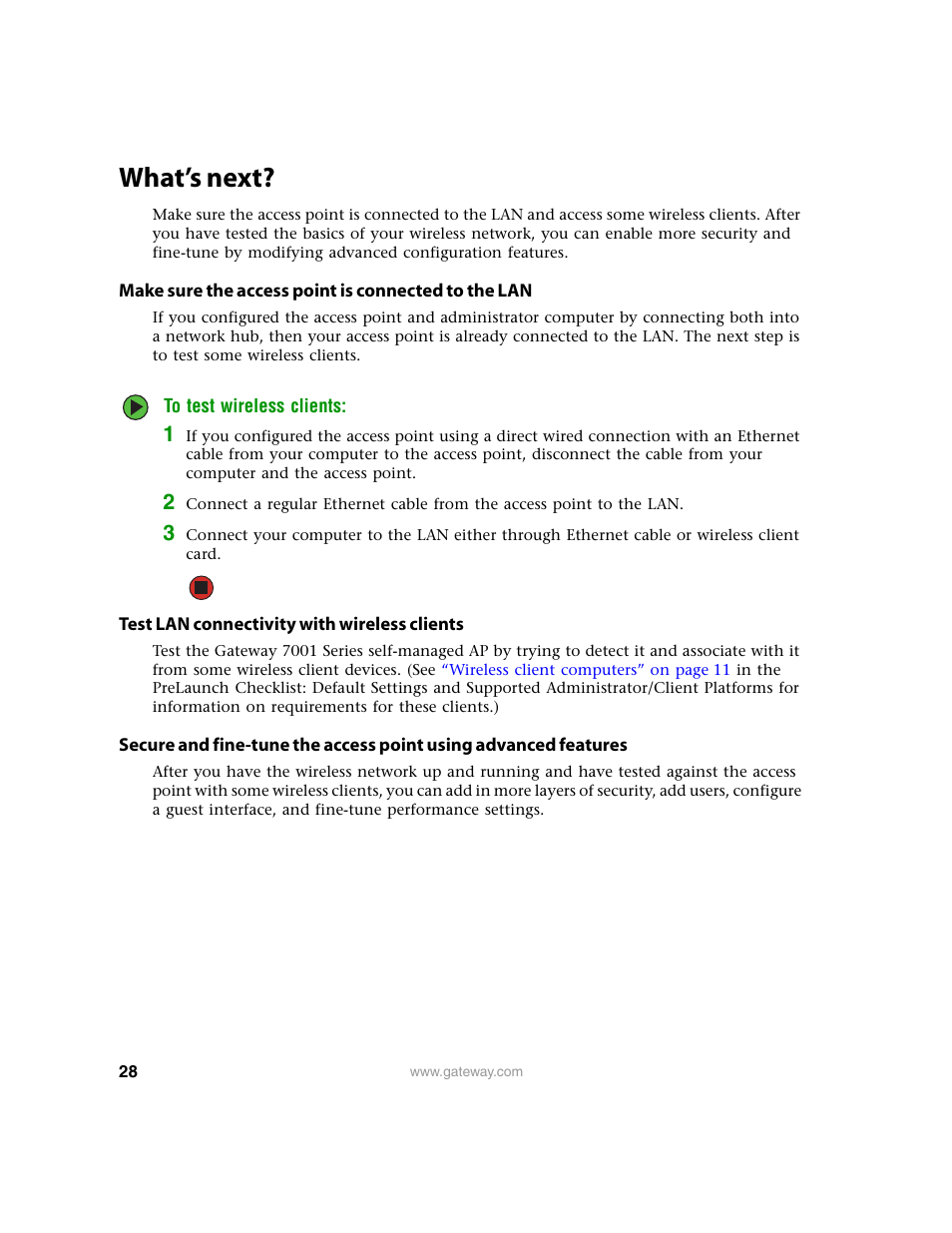 What’s next, Make sure the access point is connected to the lan, Test lan connectivity with wireless clients | Gateway 7001 Series User Manual | Page 33 / 218