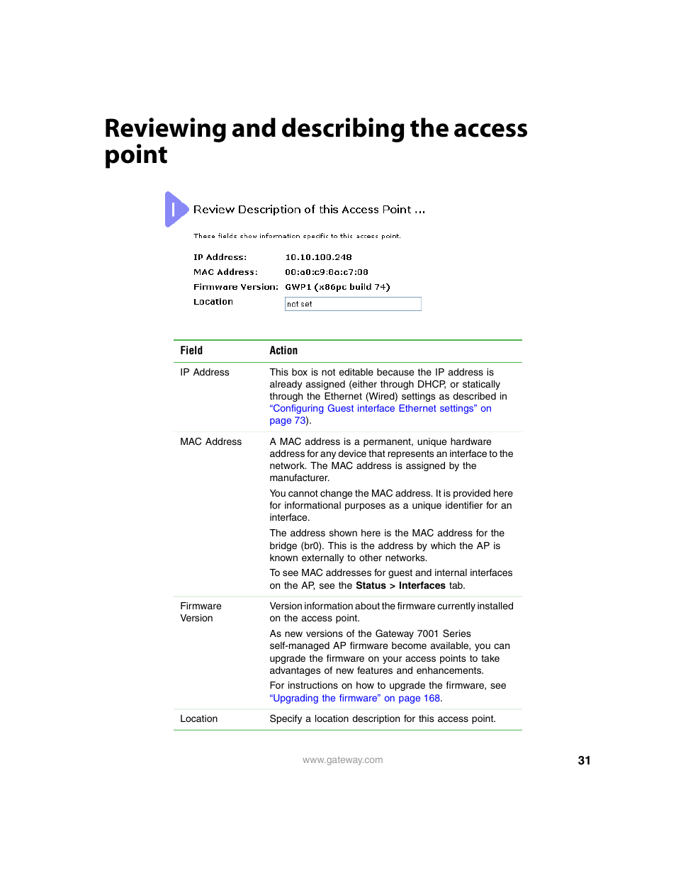 Reviewing and describing the access point | Gateway 7001 Series User Manual | Page 36 / 218