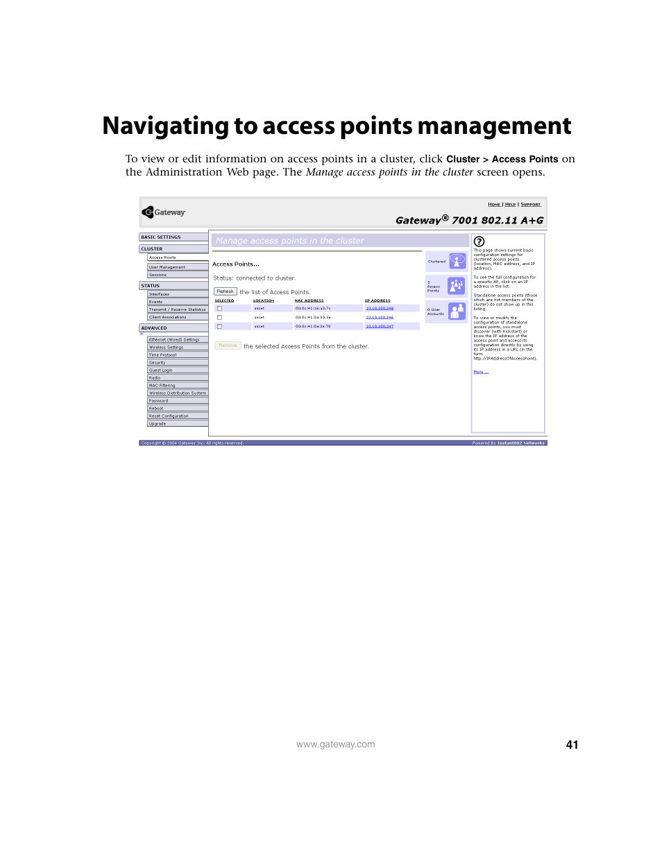 Navigating to access points management | Gateway 7001 Series User Manual | Page 46 / 218