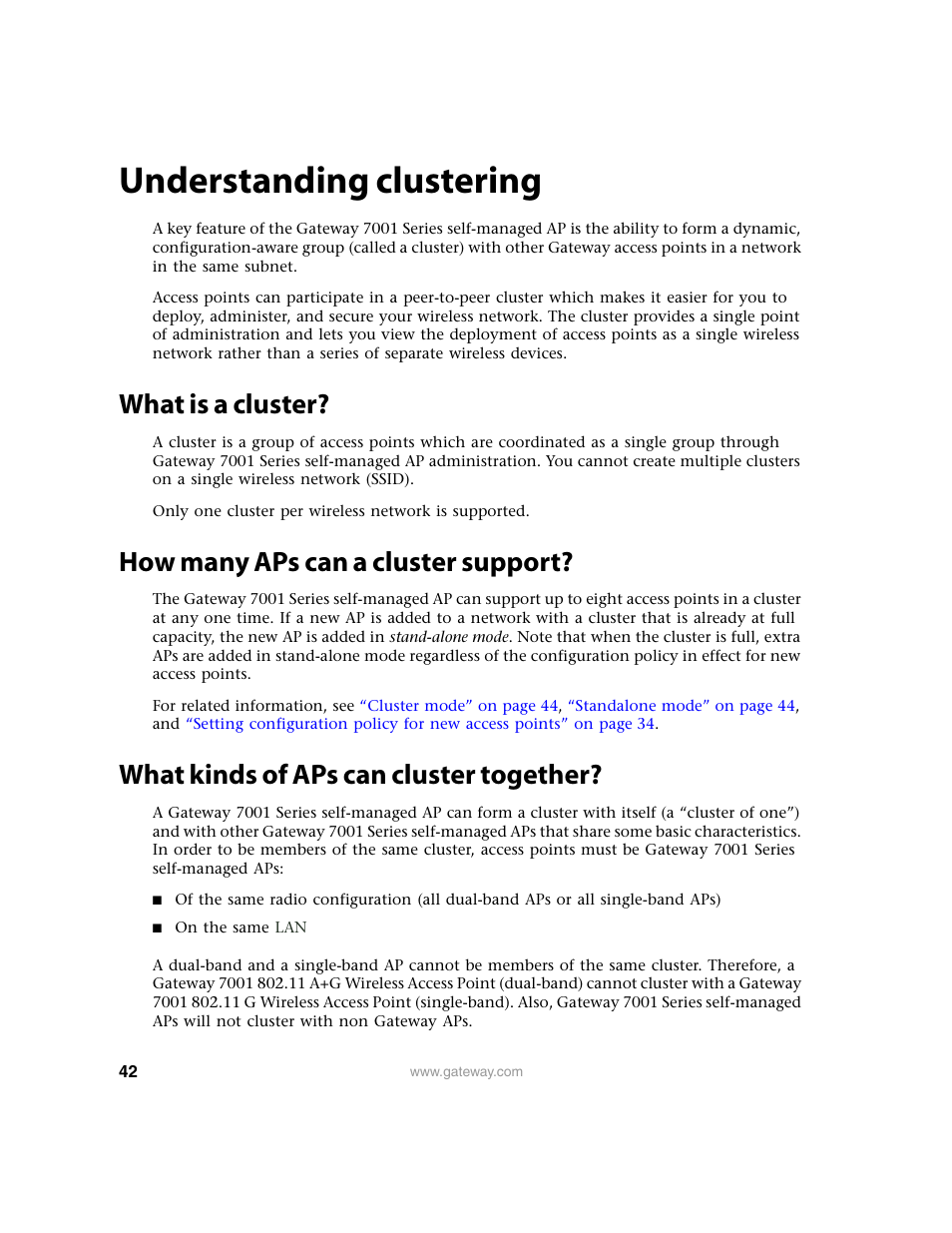 Understanding clustering, What is a cluster, How many aps can a cluster support | What kinds of aps can cluster together, Understanding clustering and acc | Gateway 7001 Series User Manual | Page 47 / 218