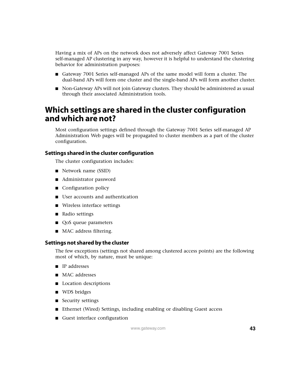 Settings shared in the cluster configuration, Settings not shared by the cluster | Gateway 7001 Series User Manual | Page 48 / 218