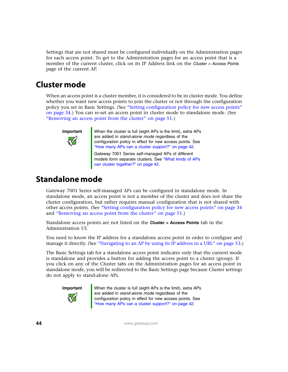 Cluster mode, Standalone mode, Cluster mode standalone mode | Gateway 7001 Series User Manual | Page 49 / 218