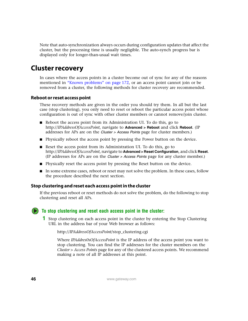 Cluster recovery, Reboot or reset access point | Gateway 7001 Series User Manual | Page 51 / 218