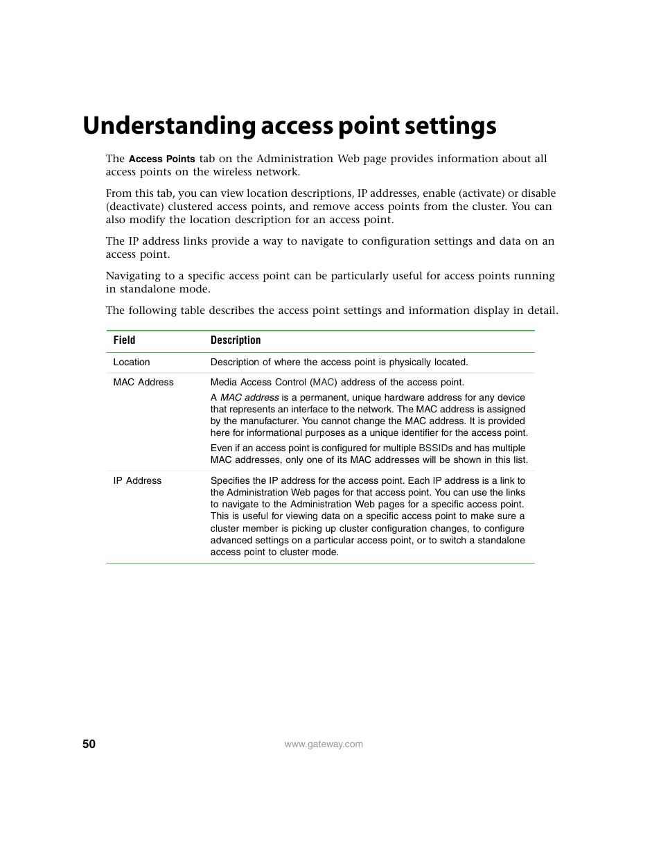 Understanding access point settings | Gateway 7001 Series User Manual | Page 55 / 218