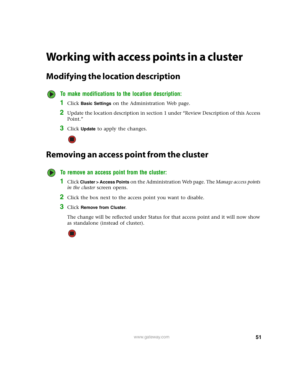 Working with access points in a cluster, Modifying the location description, Removing an access point from the cluster | Gateway 7001 Series User Manual | Page 56 / 218