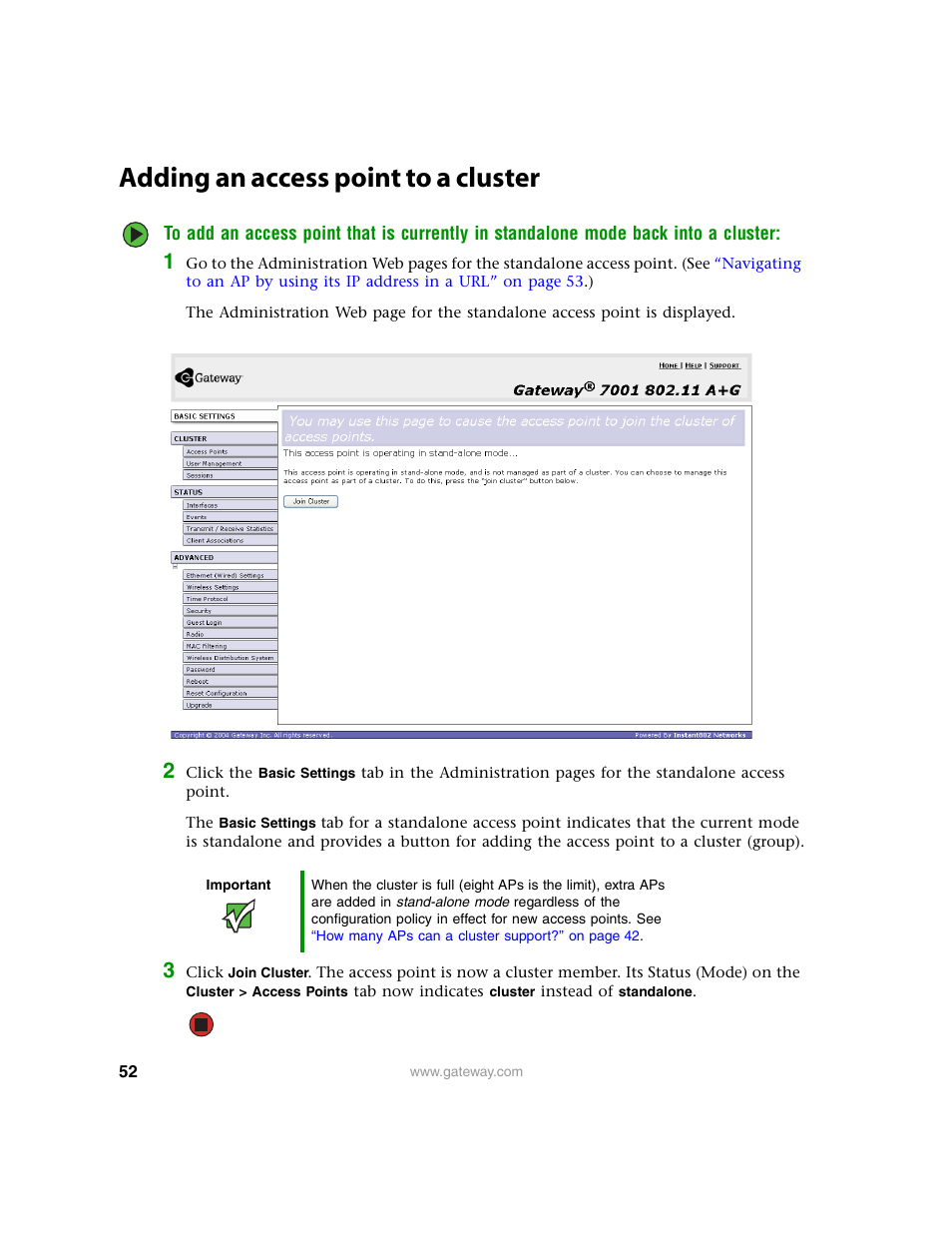 Adding an access point to a cluster, Adding an access point | Gateway 7001 Series User Manual | Page 57 / 218