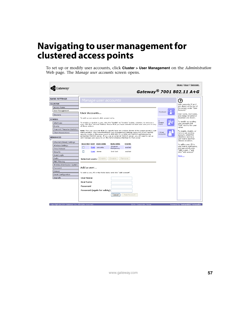 Navigating to user management for, Clustered access points | Gateway 7001 Series User Manual | Page 62 / 218