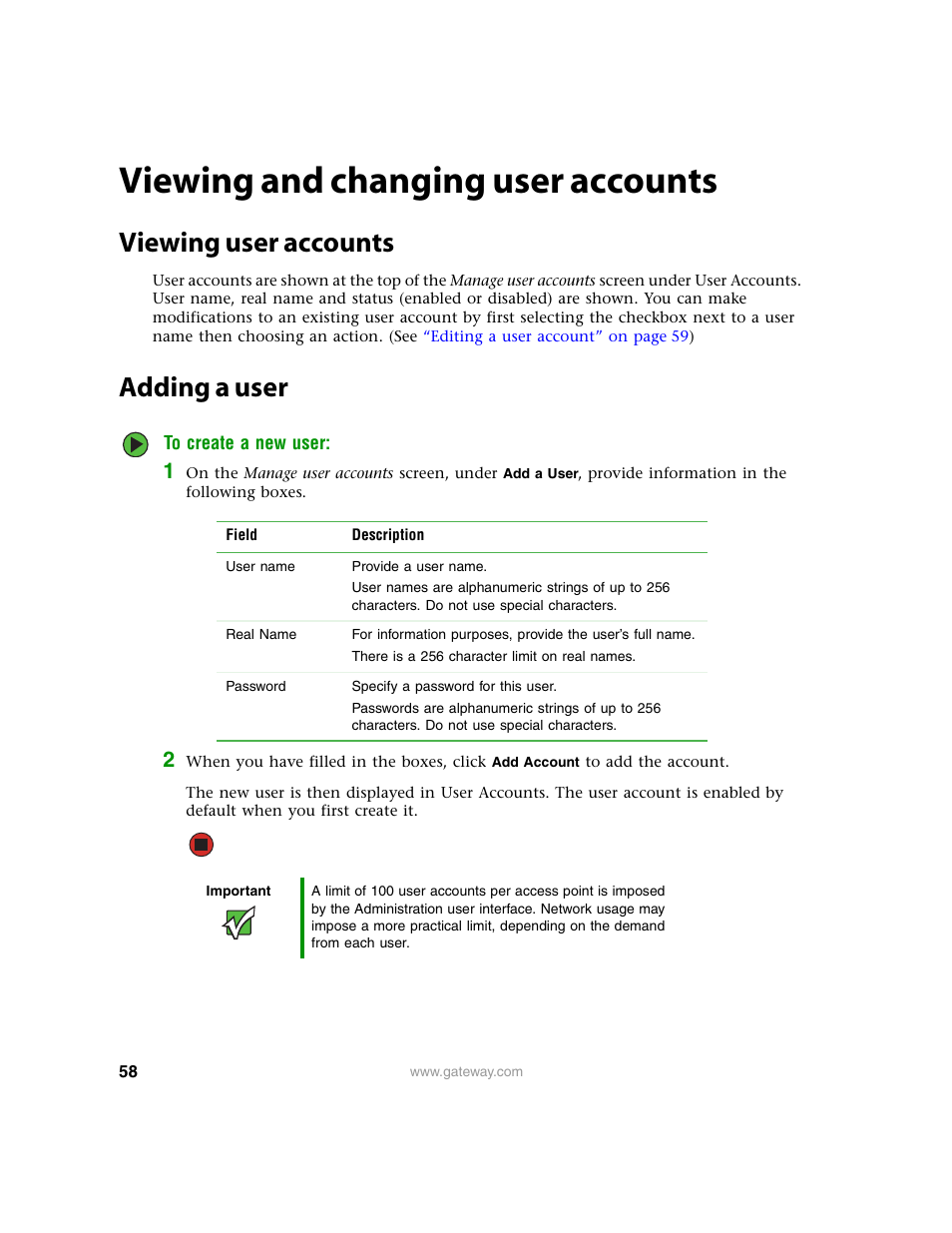 Viewing and changing user accounts, Viewing user accounts, Adding a user | Viewing user accounts adding a user | Gateway 7001 Series User Manual | Page 63 / 218