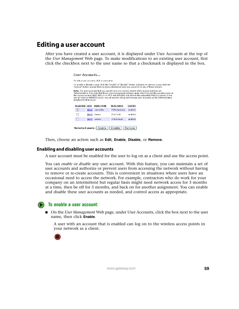 Editing a user account, Enabling and disabling user accounts, Editing a user accountt | Gateway 7001 Series User Manual | Page 64 / 218