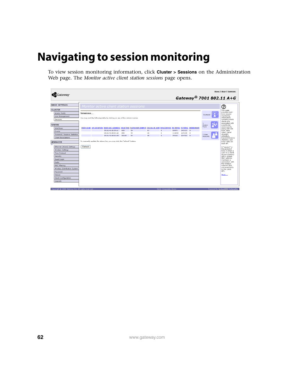 Navigating to session monitoring | Gateway 7001 Series User Manual | Page 67 / 218