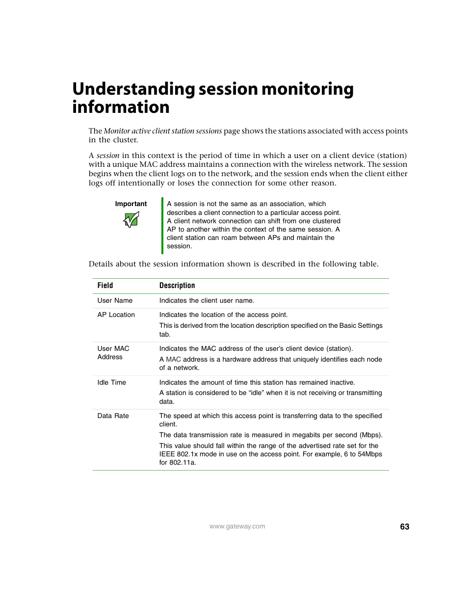 Understanding session monitoring information, Understanding session monitoring, Information | Gateway 7001 Series User Manual | Page 68 / 218