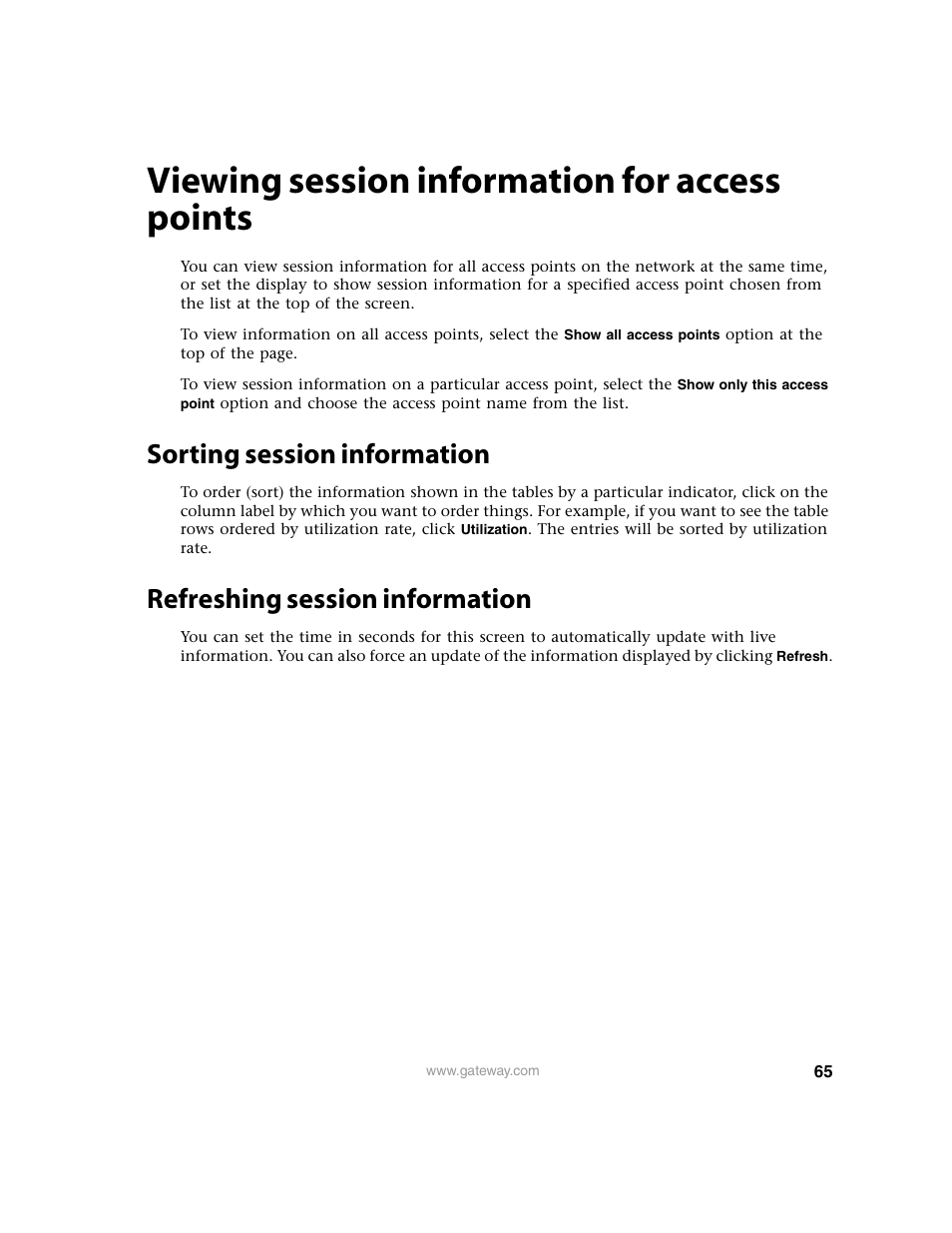 Viewing session information for access points, Sorting session information, Refreshing session information | Viewing session information for access, Points | Gateway 7001 Series User Manual | Page 70 / 218