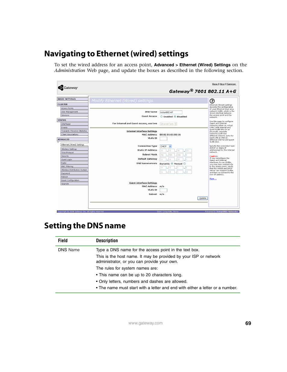 Navigating to ethernet (wired) settings, Setting the dns name | Gateway 7001 Series User Manual | Page 74 / 218