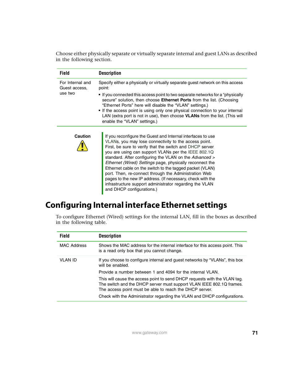 Configuring internal interface ethernet settings, Configuring internal interface ethernet | Gateway 7001 Series User Manual | Page 76 / 218