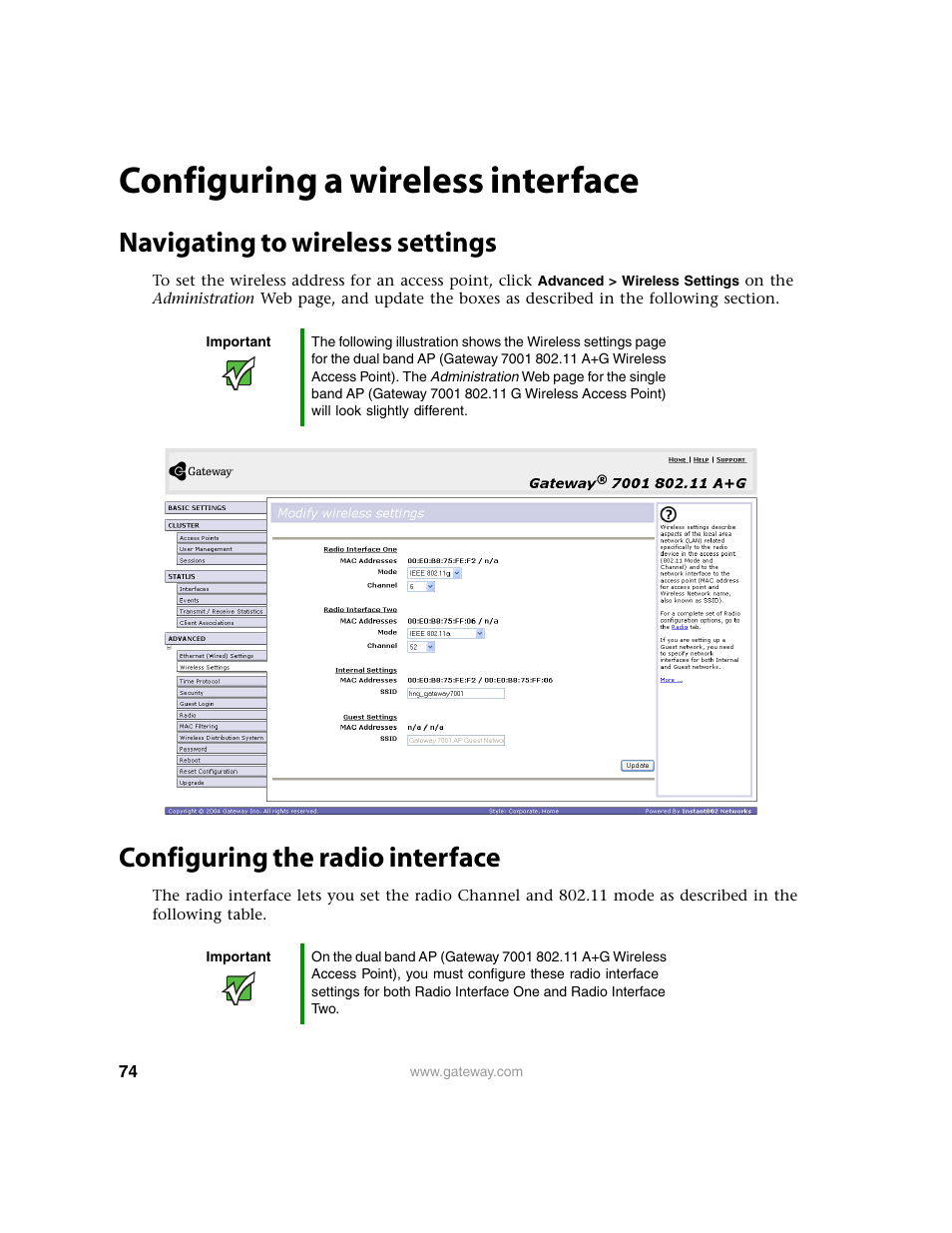 Configuring a wireless interface, Navigating to wireless settings, Configuring the radio interface | Configuring a wireless | Gateway 7001 Series User Manual | Page 79 / 218