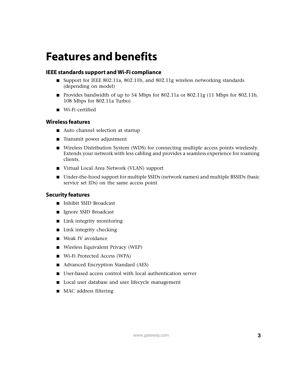 Features and benefits, Ieee standards support and wi-fi compliance, Wireless features | Security features | Gateway 7001 Series User Manual | Page 8 / 218