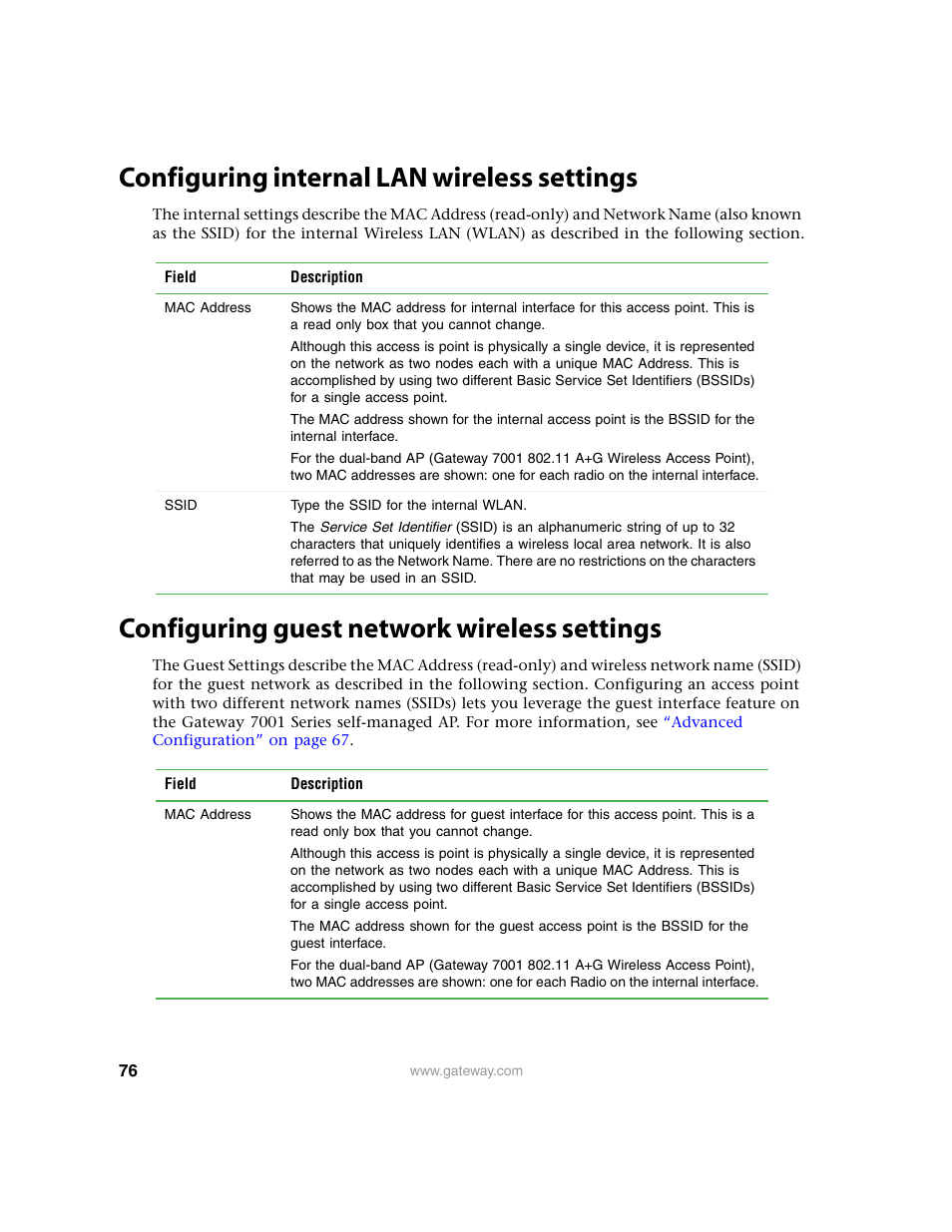 Configuring internal lan wireless settings, Configuring guest network wireless settings | Gateway 7001 Series User Manual | Page 81 / 218