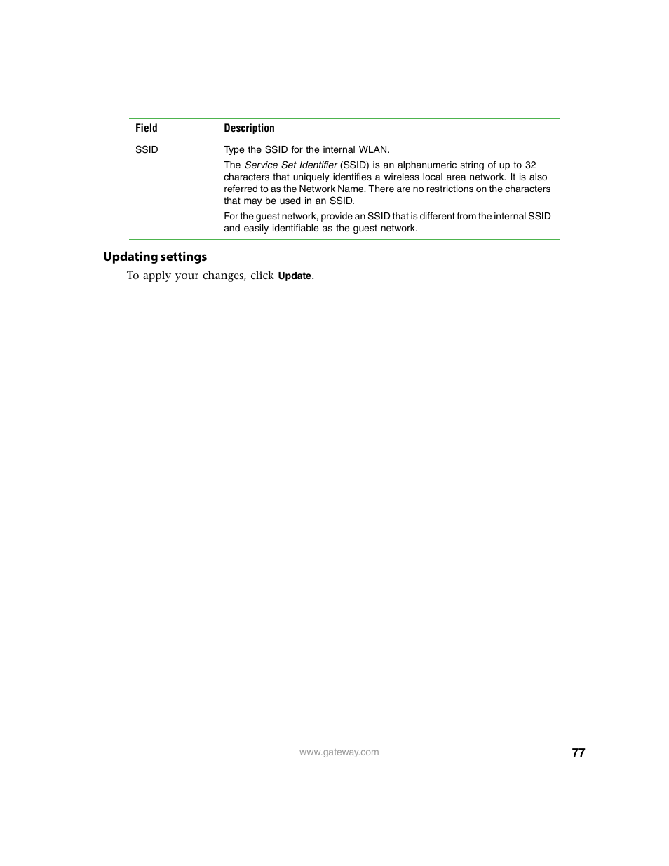 Updating settings | Gateway 7001 Series User Manual | Page 82 / 218