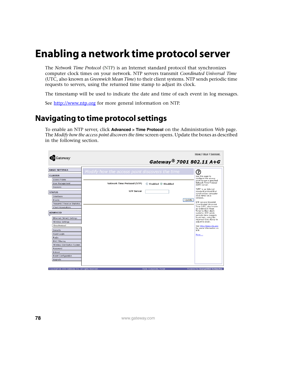 Enabling a network time protocol server, Navigating to time protocol settings | Gateway 7001 Series User Manual | Page 83 / 218