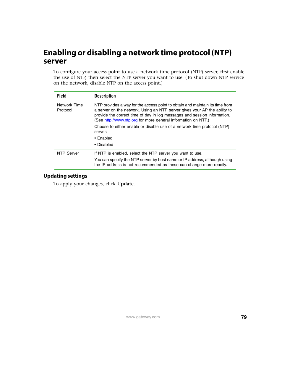 Updating settings | Gateway 7001 Series User Manual | Page 84 / 218