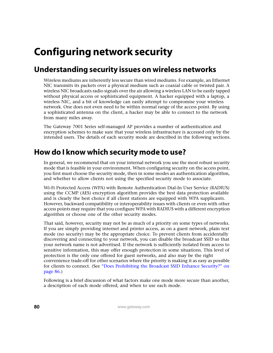 Configuring network security, Understanding security issues on wireless networks, How do i know which security mode to use | Onfiguring network security, Configuring network, Security) | Gateway 7001 Series User Manual | Page 85 / 218