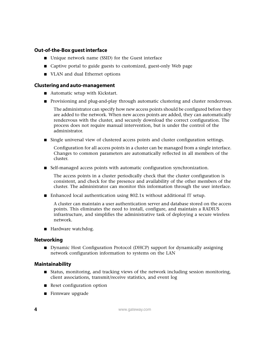 Out-of-the-box guest interface, Clustering and auto-management, Networking | Maintainability | Gateway 7001 Series User Manual | Page 9 / 218