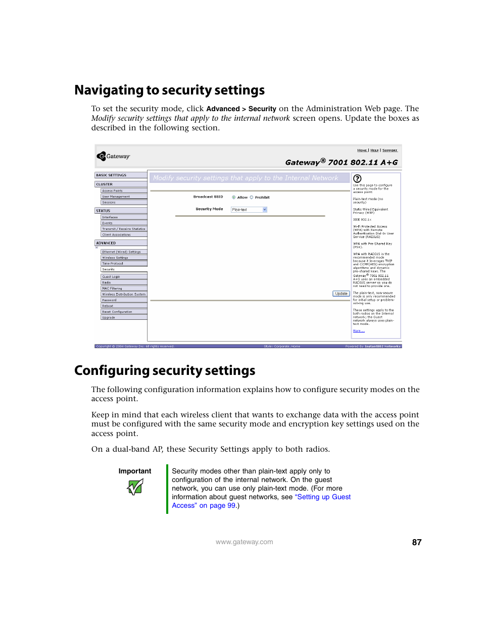 Navigating to security settings, Configuring security settings | Gateway 7001 Series User Manual | Page 92 / 218