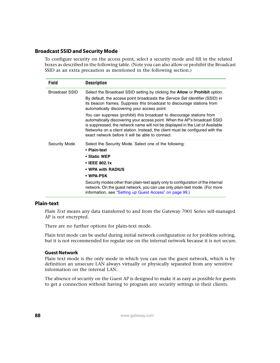 Broadcast ssid and security mode, Plain-text | Gateway 7001 Series User Manual | Page 93 / 218