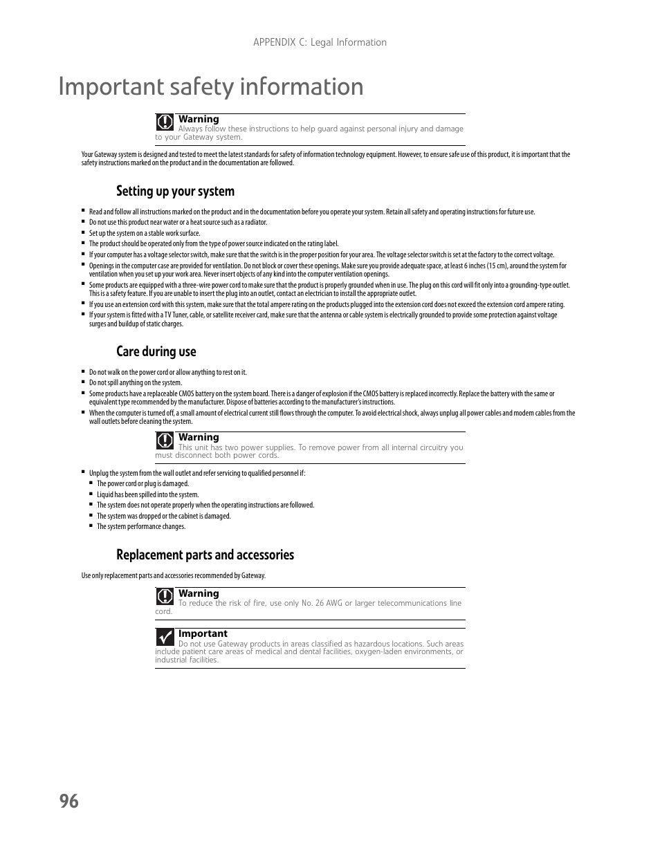 Important safety information, Setting up your system, Care during use | Replacement parts and accessories, A ppendix c: legal information, Warning, Important | Gateway E-9722R User Manual | Page 102 / 112
