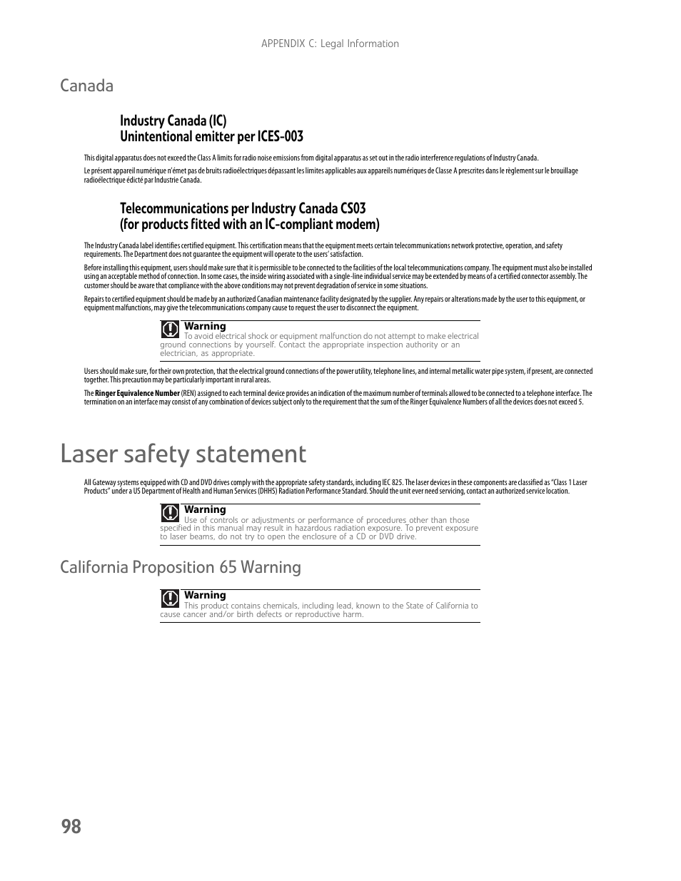 Laser safety statement, Canada, California proposition 65 warning | Gateway E-9722R User Manual | Page 104 / 112