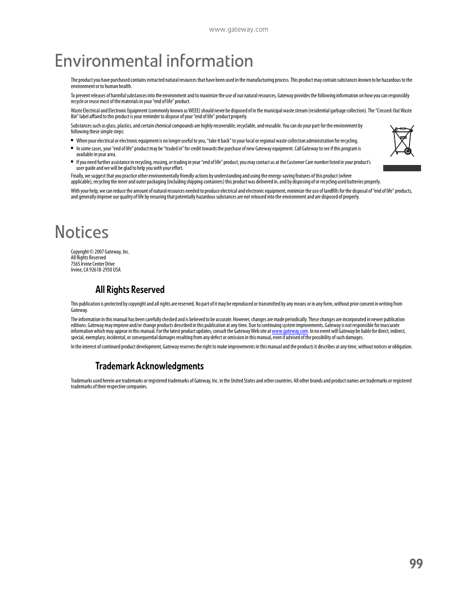 Environmental information, Notices, All rights reserved | Trademark acknowledgments | Gateway E-9722R User Manual | Page 105 / 112