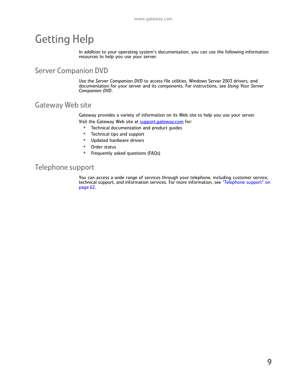 Getting help, Server companion dvd, Gateway web site | Telephone support | Gateway E-9722R User Manual | Page 15 / 112