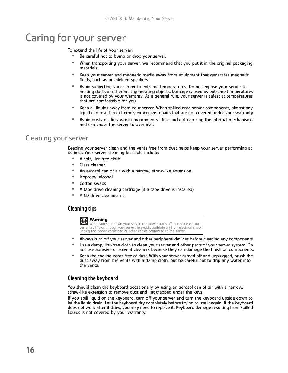 Caring for your server, Cleaning your server, Cleaning tips | Cleaning the keyboard | Gateway E-9722R User Manual | Page 22 / 112