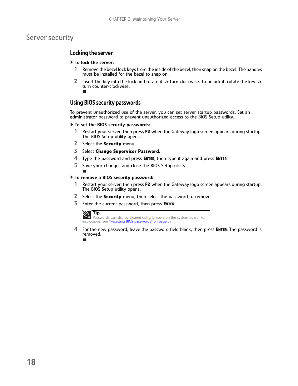 Server security, Locking the server, Using bios security passwords | Gateway E-9722R User Manual | Page 24 / 112